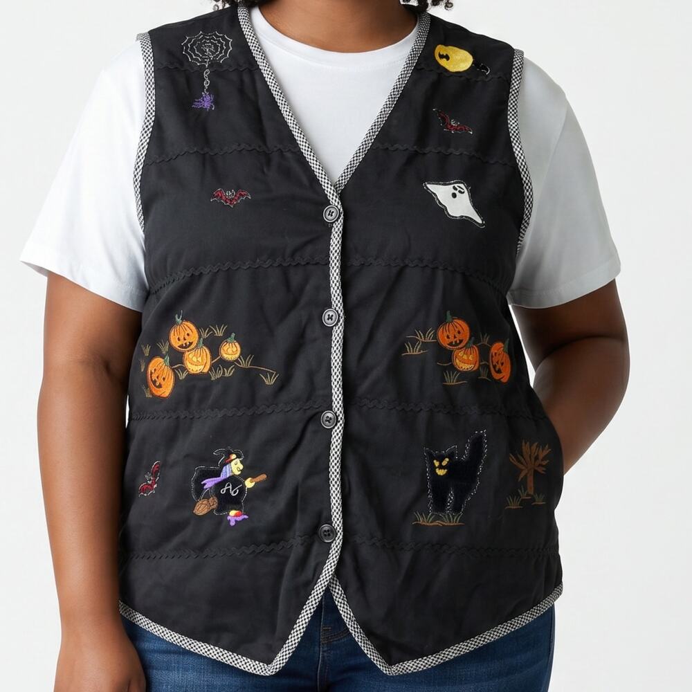 Vintage Womens Vest Size 1X Black Halloween Pumpkins Ghost Cat Witch Embroidered - Picture 1 of 12
